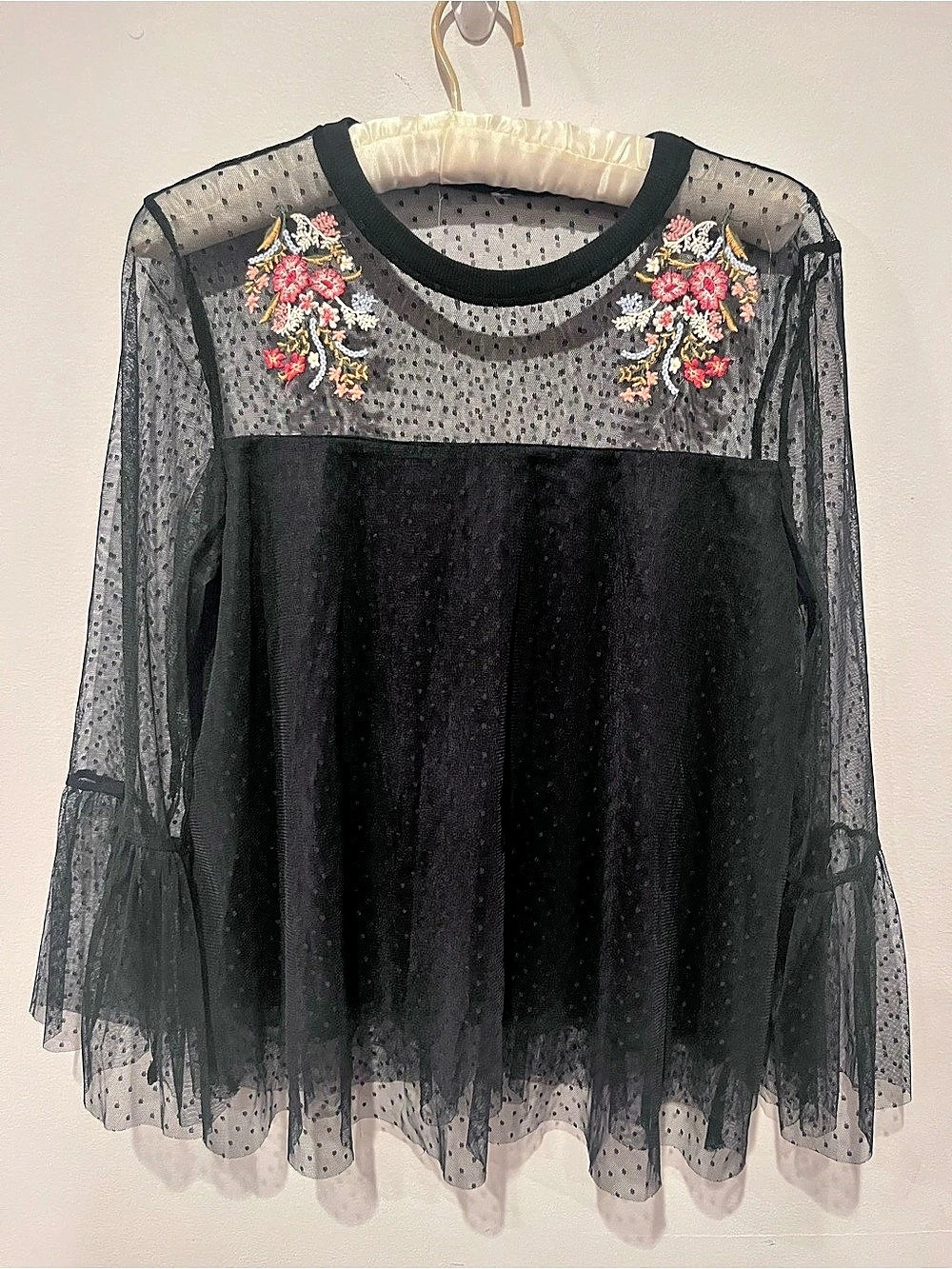 Black Embroidered Sheer Blouse Like New